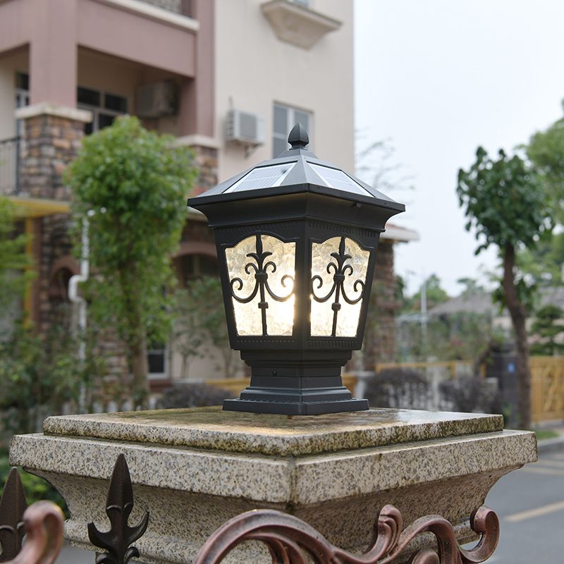 1-Light Pillar Lamp Aluminum Solar Lighting Fixture with Glass Shade for Garden