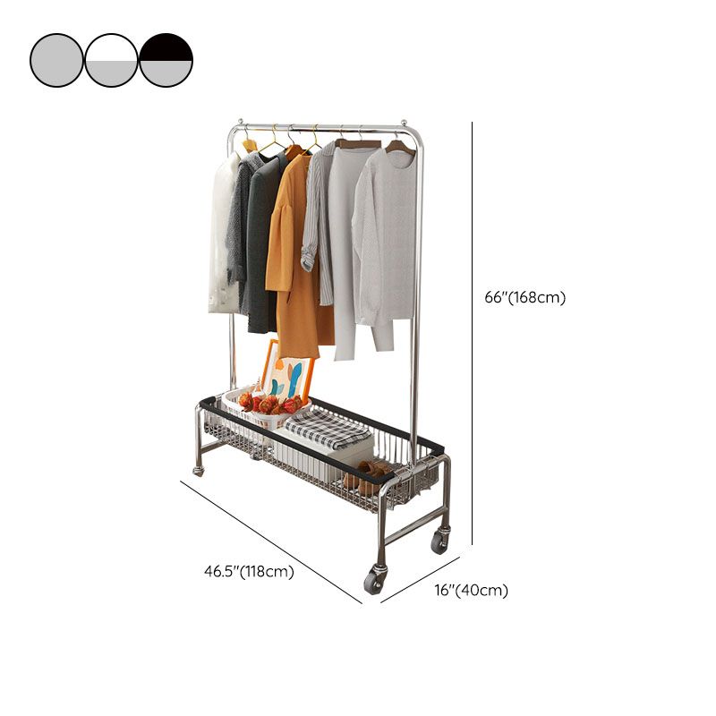 Industrial Metal Coat Rack Hanging Rail and Storage Basket Entryway Kit with Castors