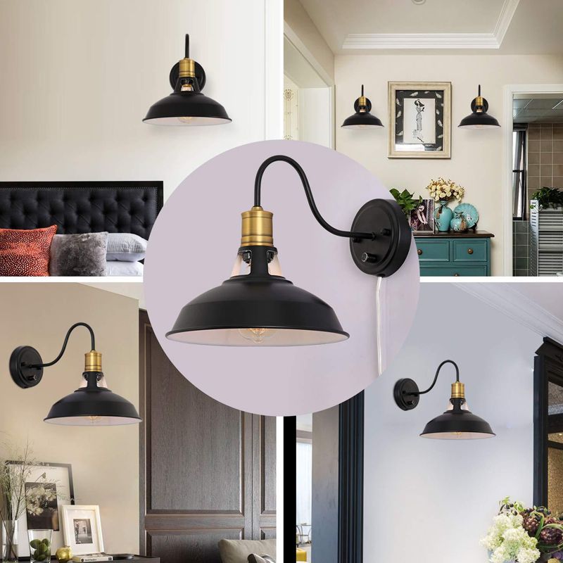 Single Metal Wall Lamp Fixture Farmhouse Black Barn Kitchen Plug-in Wall Mounted Light with Vented Socket