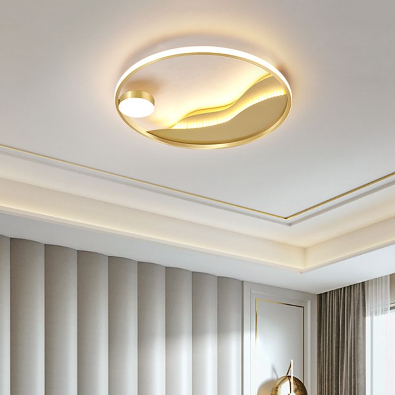 Minimalistic Abstract Art Round Flush Mount Metal Bedroom LED Ceiling Light in Gold