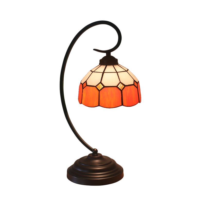 1 Head Grid Dome Night Table Lamp Baroque Orange/Blue/Yellow Cut Glass Task Lighting with Swirl Arm