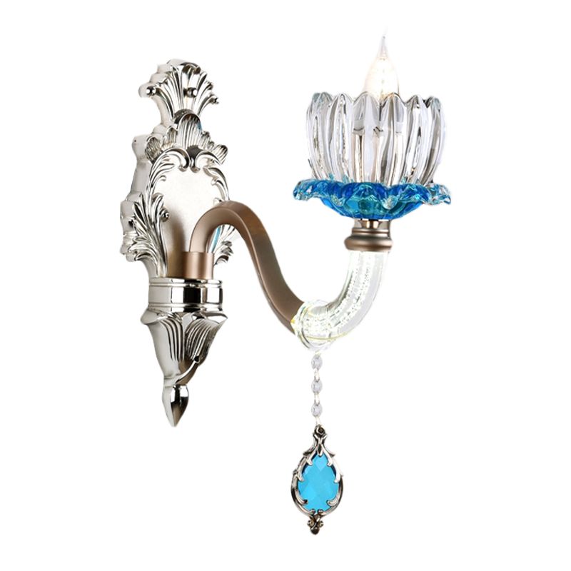 1/2-Head Lotus Wall Light Fixture Retro Blue and Clear Glass Sconce Lighting for Dining Room