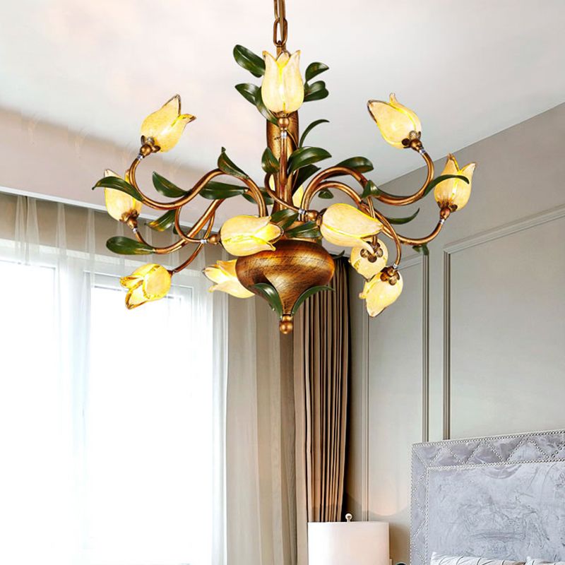 Traditional Blossom Chandelier Lighting Fixture 12 Heads Sandblasted Glass Pendant Ceiling Light in Brass