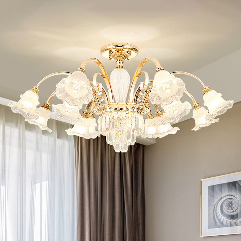 Retro Ruffled Bell Chandelier Light Clear Textured Glass Pendant Light Fixture with Tiered Crystal Accent