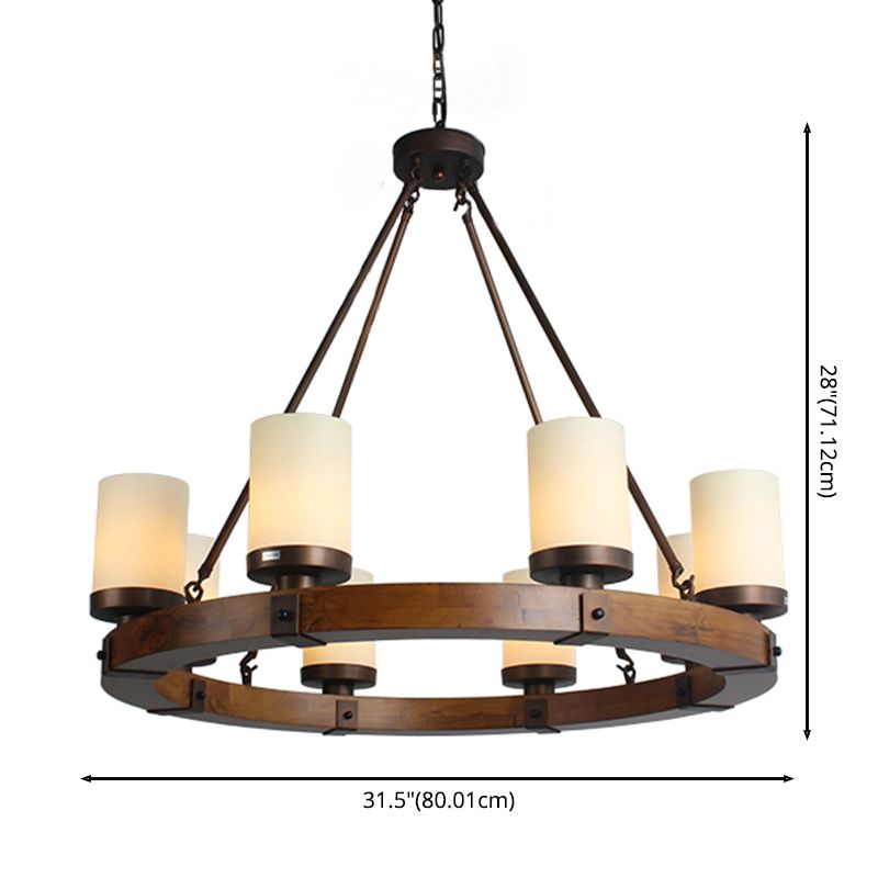 Round Solid Wood Rustic Style Chandelier Cylindrical White Glass Shade Dining Room Lighting Fixture