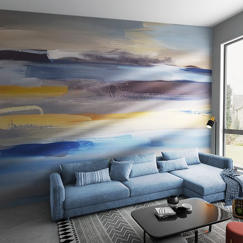 Murales con alba, cielo e mare in stile acquerello in oro e blu, decorazione murale astratta per la camera degli ospiti
