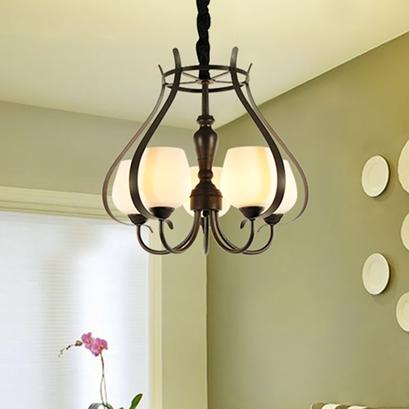 5 Bulbs Dining Room Chandelier Lamp Contemporary Black Finish Suspension Lighting with Opal Glass Bowl Shade