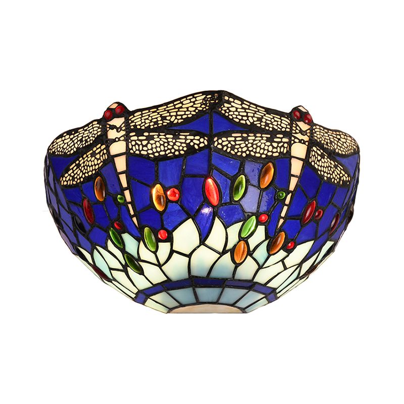 Half-Bowl Wall Light with Dragonfly and Jewel Tiffany Stained Glass Wall Sconce in Red/Blue for Cafe
