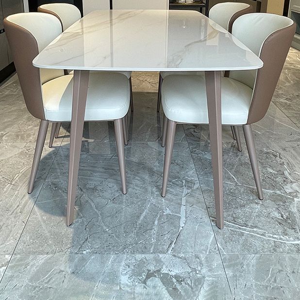 Modern Sintered Stone Dining Table White 4 Legs Rectangular Dining Furniture Metal Base