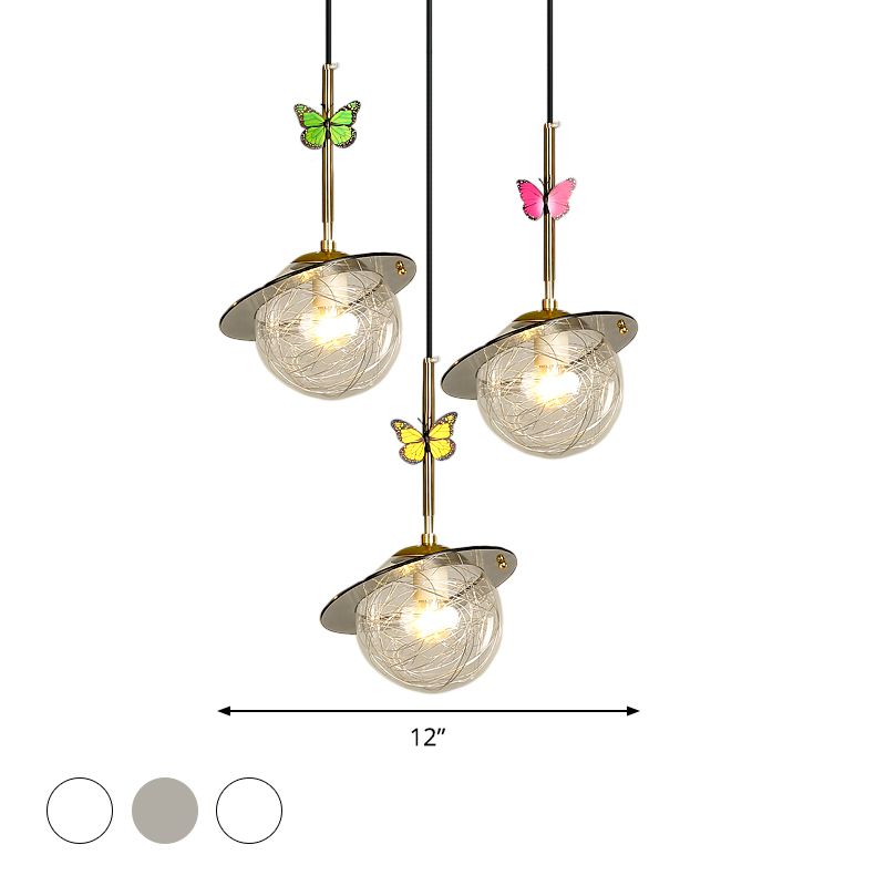 Opal Glass Global Hanging Light Cartoon 3-Bulb White/Clear/Smoky Pendant Lighting with Round/Linear Canopy and Dragonfly Deco
