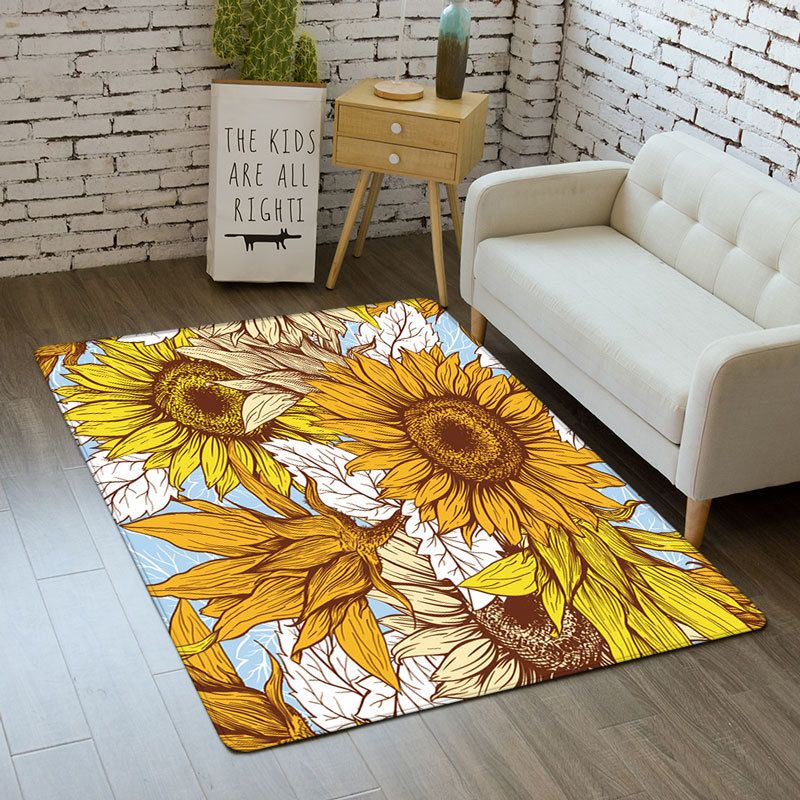 Black Modern Carpet Polyester Flowers Carpet Washable Carpet for Living Room