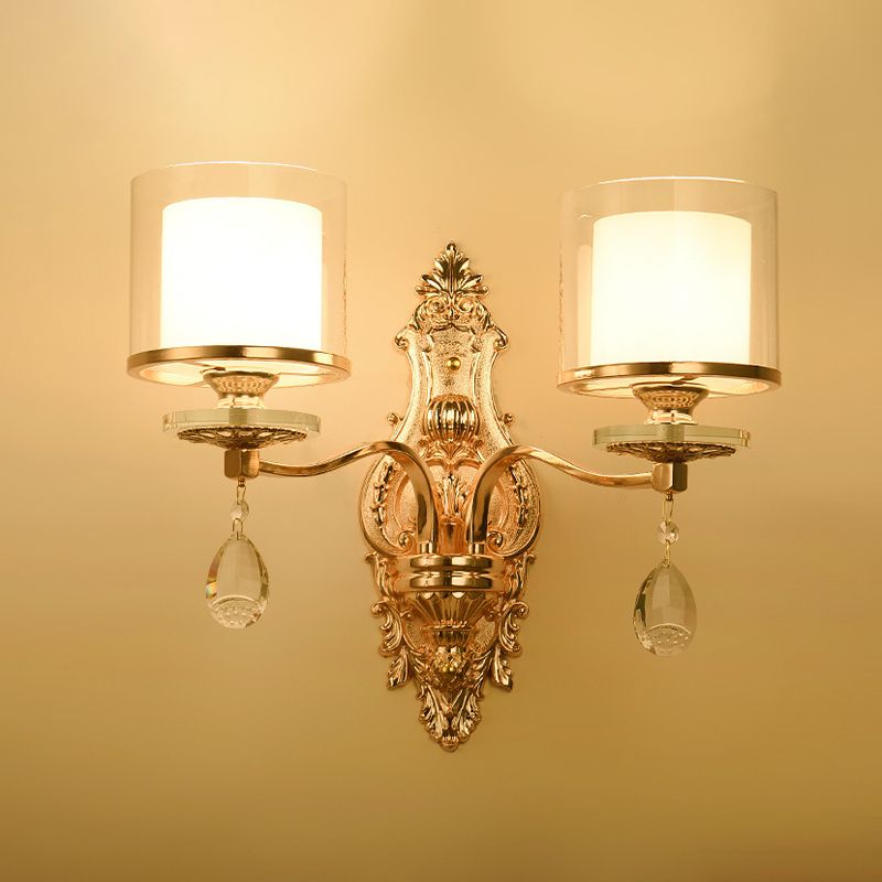 Mid-Century Cylinder Sconce Light 2 Heads Clear and Frosted Glass Wall Lamp in Gold with Crystal Drop