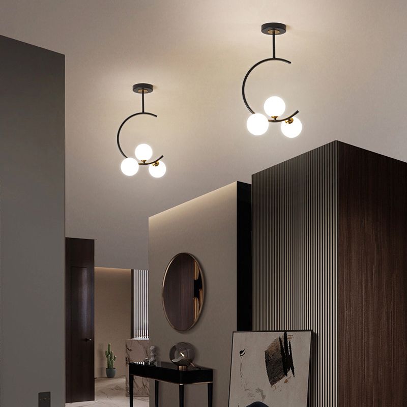 Ball Opaline Glass Hanging Lamp Simplicity Chandelier Light Fixture with C Arm for Bedroom