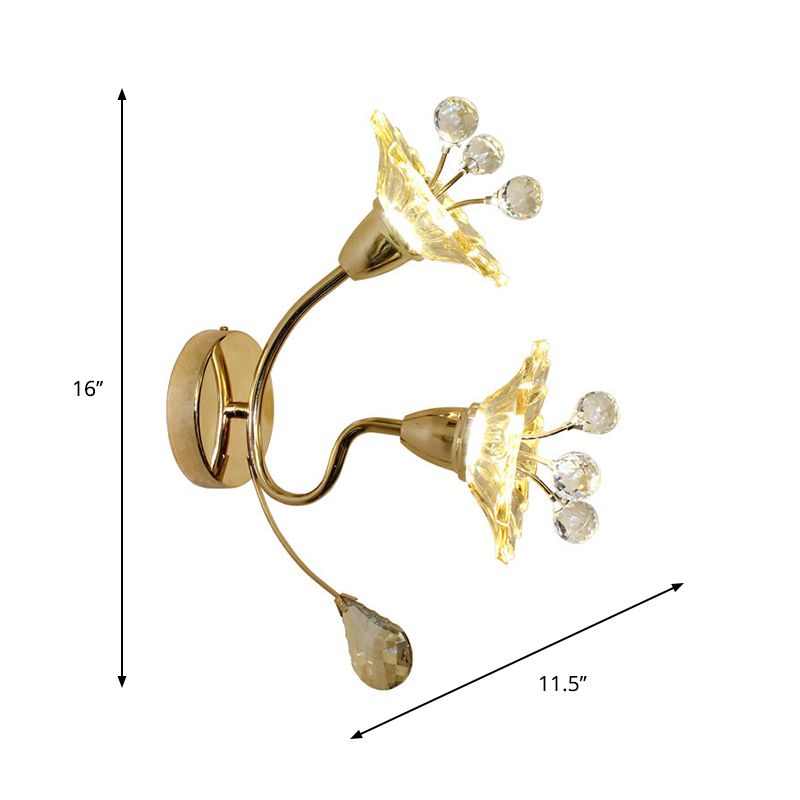 Clear Crystal Glass Gold Wall Lamp Daisy Shade 2 Bulbs Traditional Sconce Light for Bedside