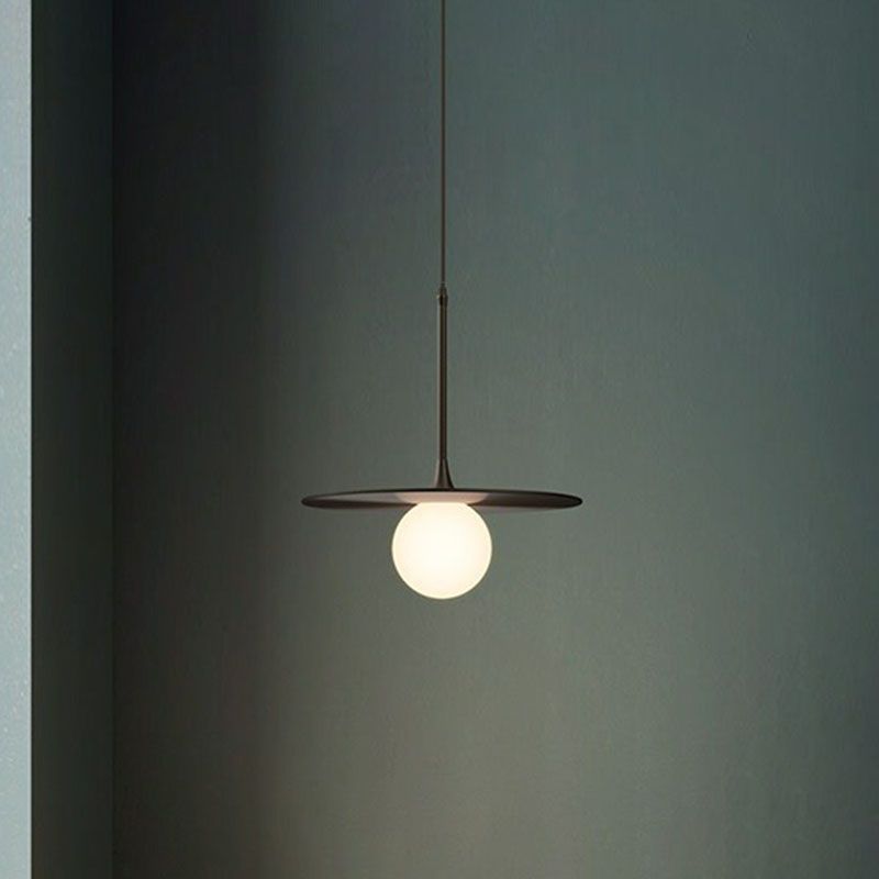Flat Metallic Ceiling Light Simplicity Single-Bulb Hanging Pendant Lamp with Ball White Glass Shade