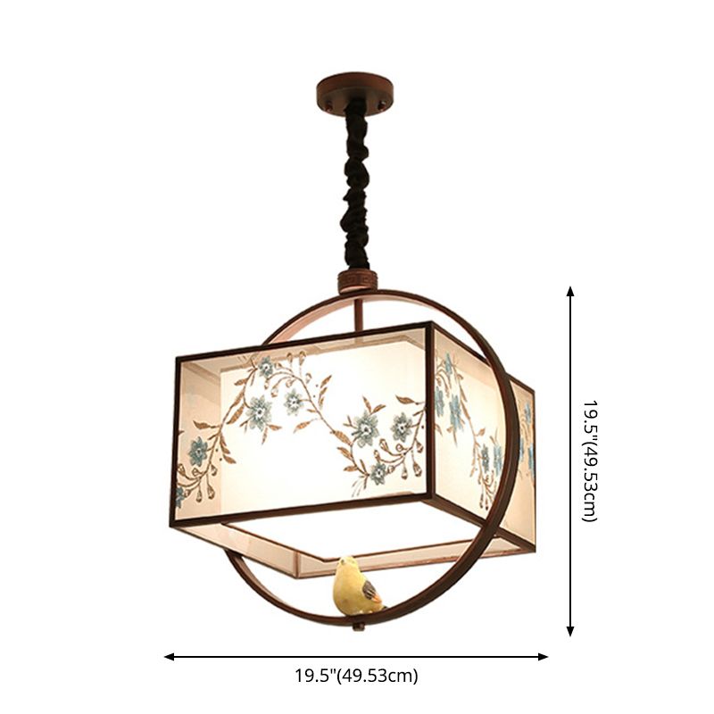 Square Fabric Suspension Pendant Light Chinese Style Black Hanging Ceiling Light