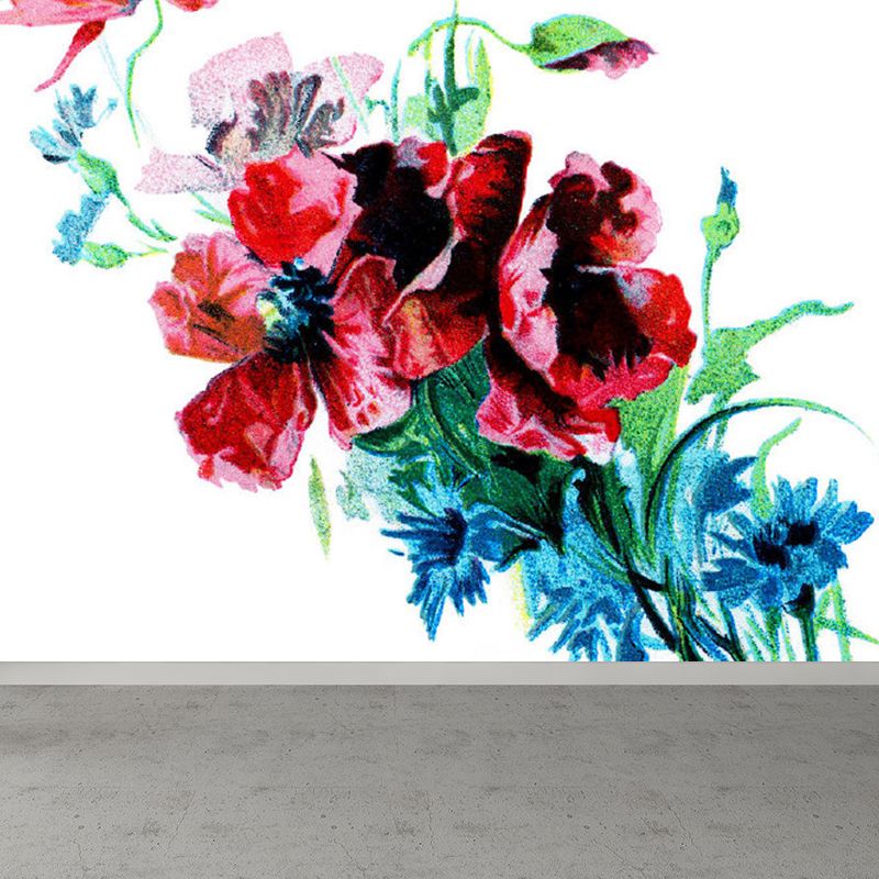 Contemporary Flower Print Mural Decal Red Dining Room Wall Covering, Personalized