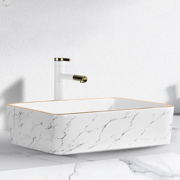 Contemporary Bathroom Sink Pop-Up Drain Porcelain Solid Color Rectangular Vessel