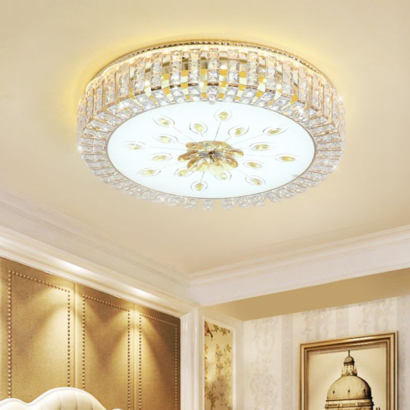 Gold Finish Drum Ceiling Mounted Lamp Modernist LED Crystal-Block Flush Lighting for Bedroom