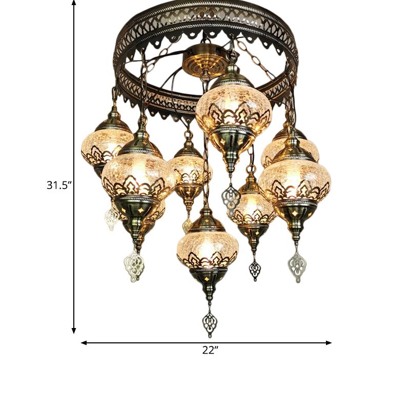 Bronze Elliptical Hanging Ceiling Light Vintage Clear Crackle Glass 9-Head Bedroom Pendant Chandelier