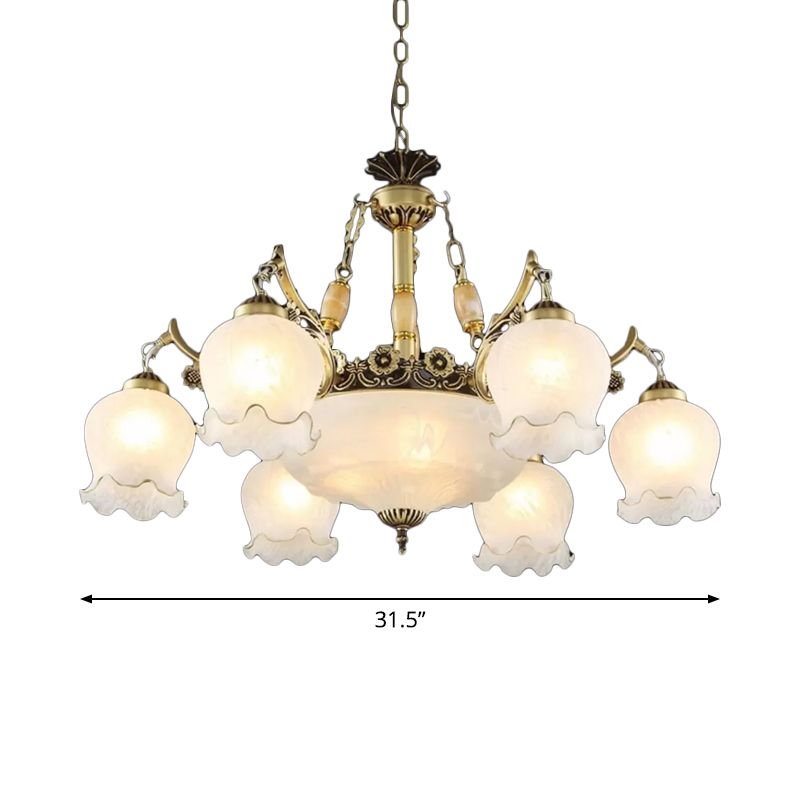 Traditionele bloemen hanglamp lichtarmatuur 9-bulb mat wit glas kroonluchter lamp in brons