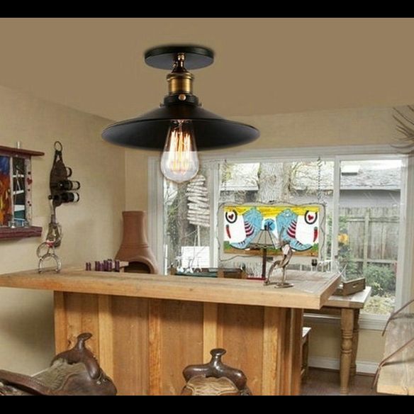 Éclairage de plafond noir 1 Light Retro Industrial Iron Cone Shade Semi Flush Mount Éclairage pour table à manger