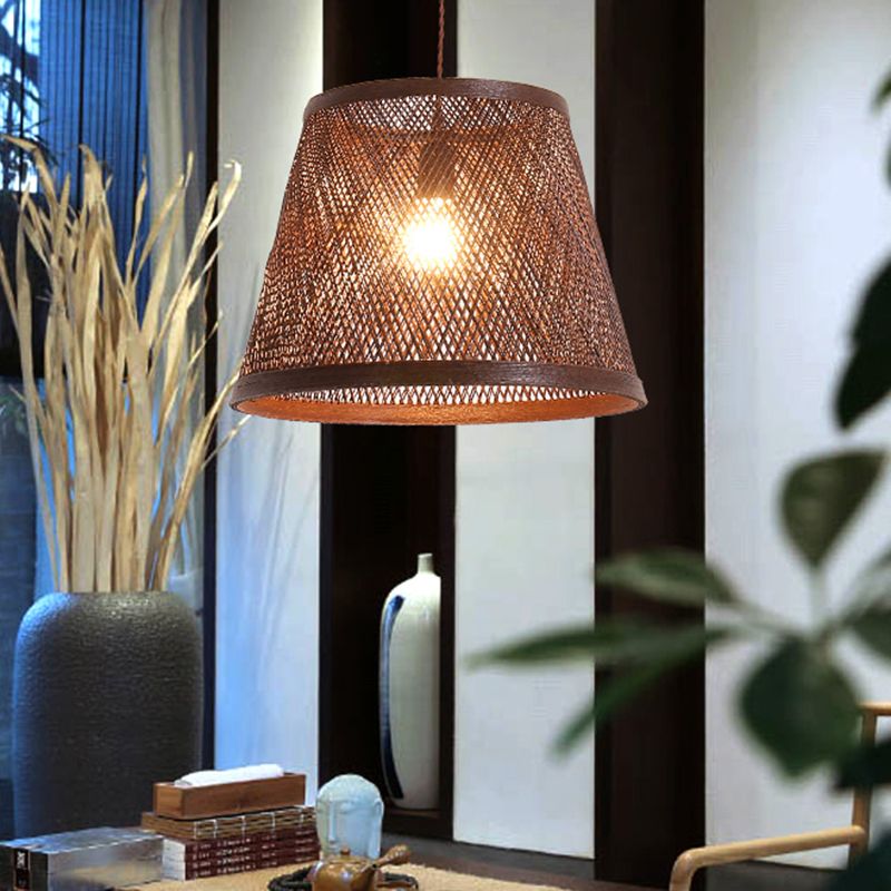 Cone Suspension Pendant Modern Rattan 1 Light Brown Hanging Light Kit for Dining Room