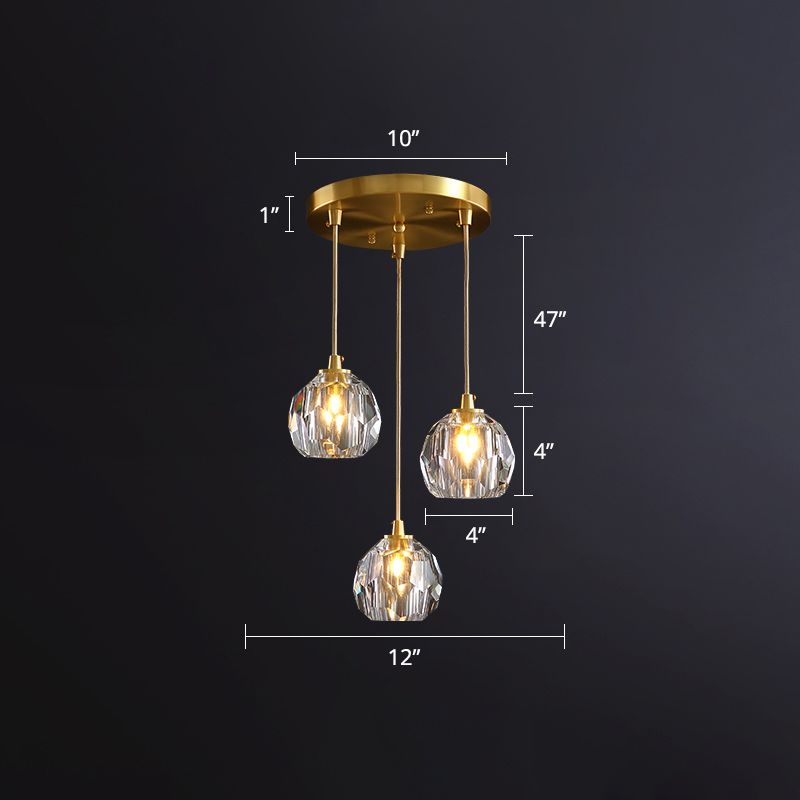 Postmodern Shaded Multiple Hanging Light Crystal 3 Heads Dining Room Suspension Pendant in Gold