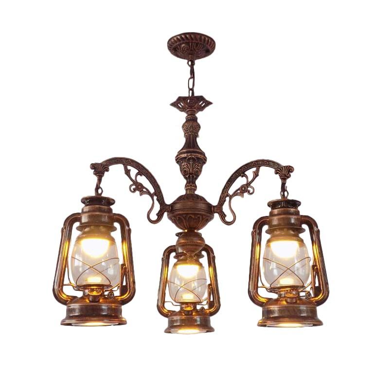 Clear Glass Black/Silver/Red Chandelier Light Lantern 3-Light Industrial Pendant Lamp for Kitchen