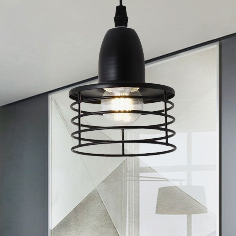 1 iluminación de colgante de tambor ligero con tono de jaula de alambre industrial retro negro/colgante de techo de metal de bronce para cocina