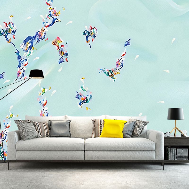 Illustration Floral Print Murals Wallpaper for Bedroom, Blue, Custom Size Available
