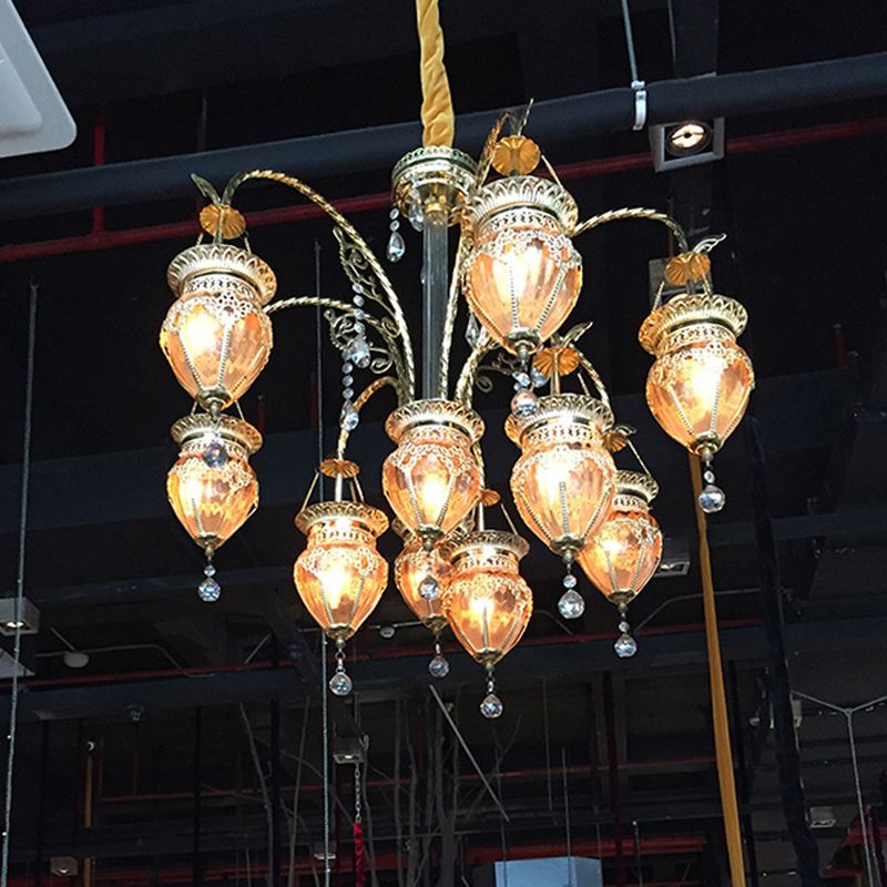 Gold Urn Ceiling Chandelier Art Deco Tan Prismatic Glass 10 Heads Living Room Suspension Pendant with Crystal Accent