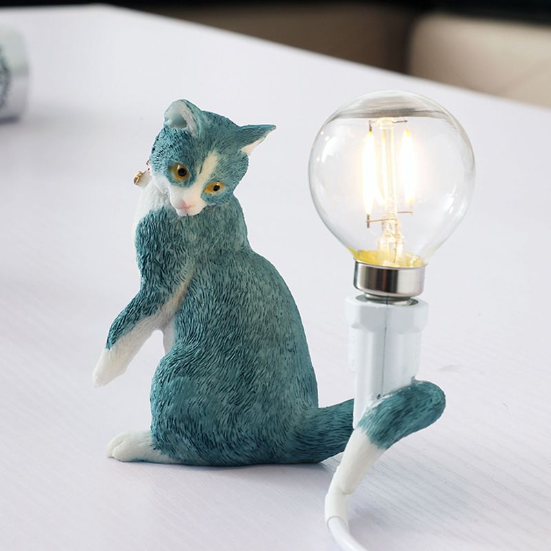 Tabby -Katzenhaltertischlampe Kinder Eisen 1 Glühbirne Schwarz/Gelb/Blau Nachttisch Licht mit bloßem Glühbirnen Design