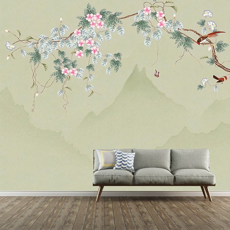 Green and Pink Blossom Mural Wallpaper Water-Resistant Wall Covering for Living Room