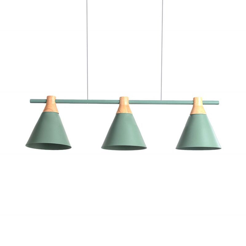 Triple Light Cone Shade Island Lighting Nordic Metal Hanging Chandelier in Green/Grey/Yellow for Kitchen