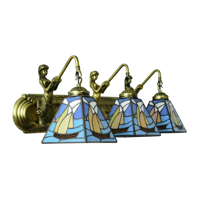 3 Heads Sailboat Sconce Light Fixture Mediterranean Blue Glass Wall Mounted Light