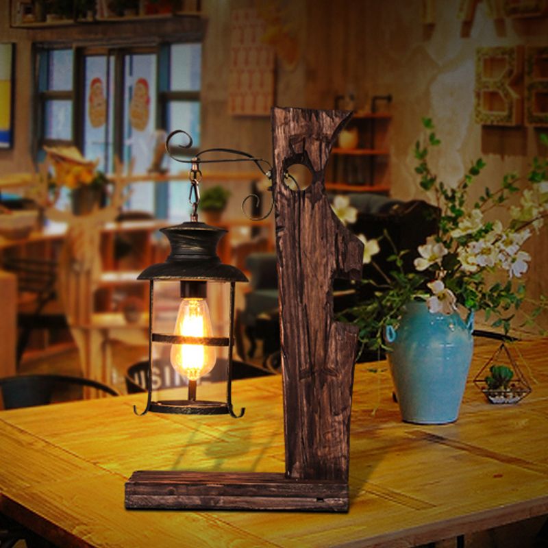 Helderglazen zwarte tafellamp Lantaarn 1-kops bureaulamp in industriële stijl met houten voet