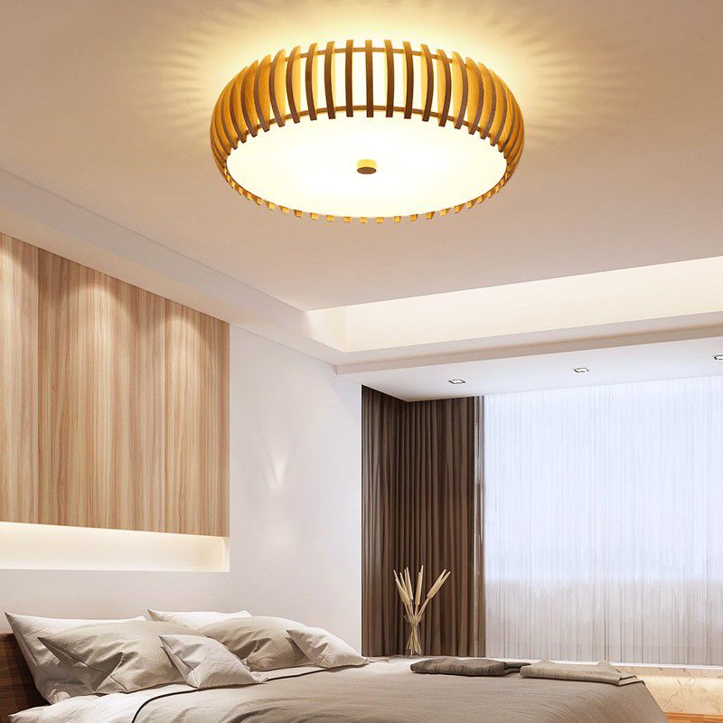Round Shape Wood Flush Light Modern Style 5 Lights Flush Mount Fixture in Brown
