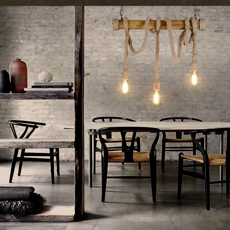 Country Style Hemp Rope Island Light Bamboo 3 Lights Bare Bulb Bar Decorative Island Pendant