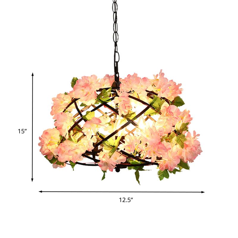 3 Bulbs Chandelier Light Industrial Bird Nest Metal LED Suspension Lamp in Pink with Cherry Blossom