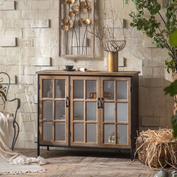 Wood and Iron Chest with Doors Bar Pulls Accent Cabinet with Shelves