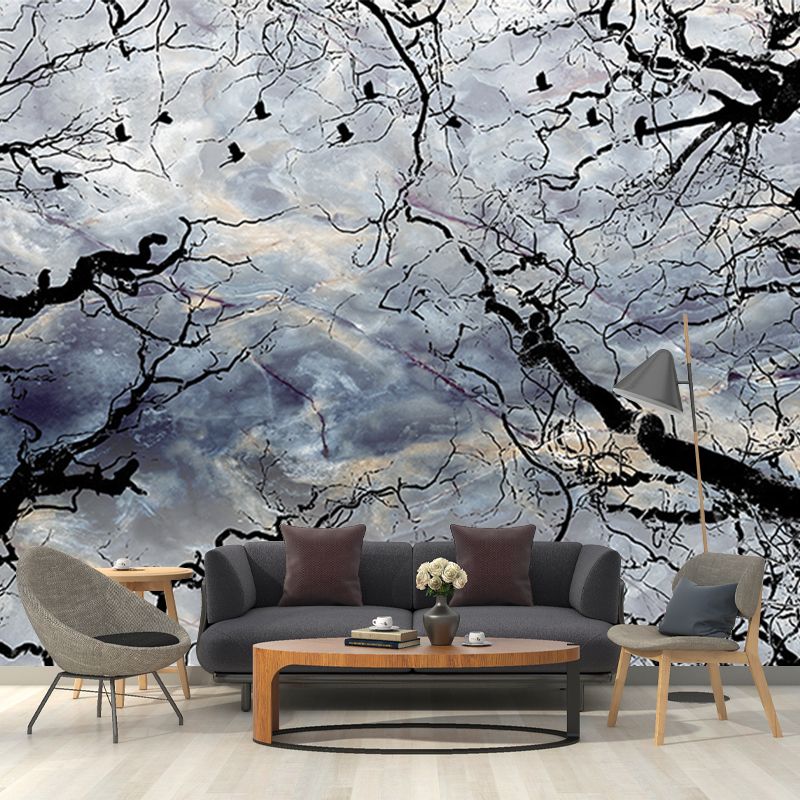 Sky and Withered Tree Murals Black-Blue Contemporary Wall Covering for Living Room