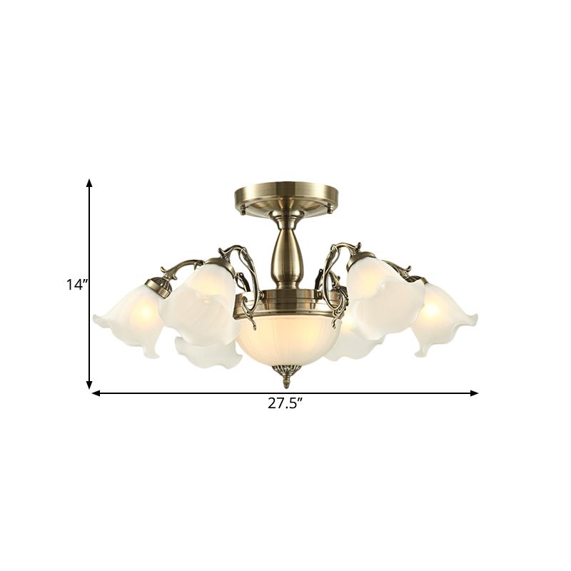 8 lampen Bloem Semi Montage Verlichtingsstijl Landelijke stijl Bronze/messing/koperen Melkglas dicht bij plafondlamp met schuifarm