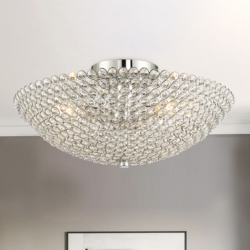 Clear K9 Crystal Bowl Semi Ceiling Flush Mount Contemporary Triple Light Chrome Close to Ceiling Light