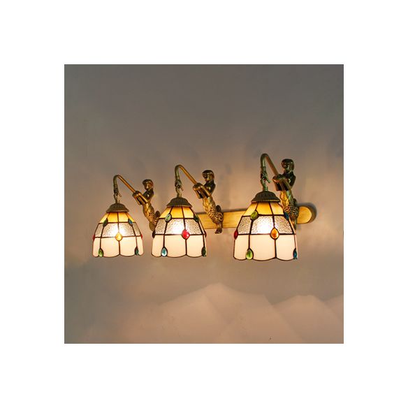 Jeweled Wall Light Fixture 3 Heads Yellow-White/Clear/Yellow-Blue Glass Tiffany Sconce Lighting with Mermaid Backplate