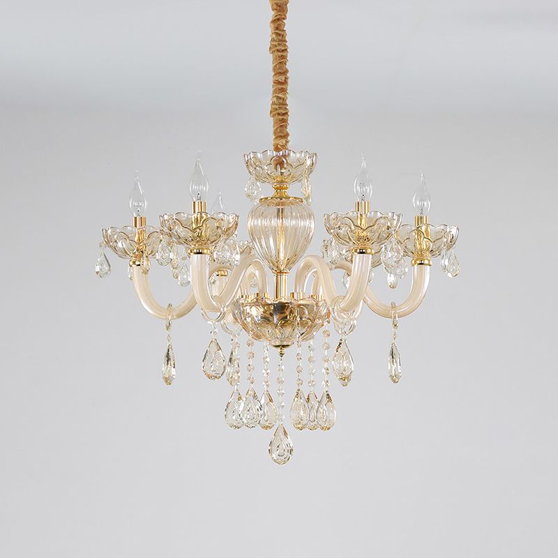 6-Light Candelabra Chandelier Lighting Contemporary Gold Finish Crystal Glass Pendulum Lamp