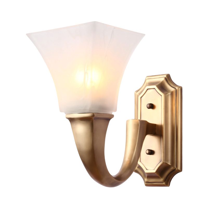 1 Bulb Sconce Light Fixture with Flared Shade Frosted Glass Vintage Style Bedroom Wall Mount Lamp in Gold