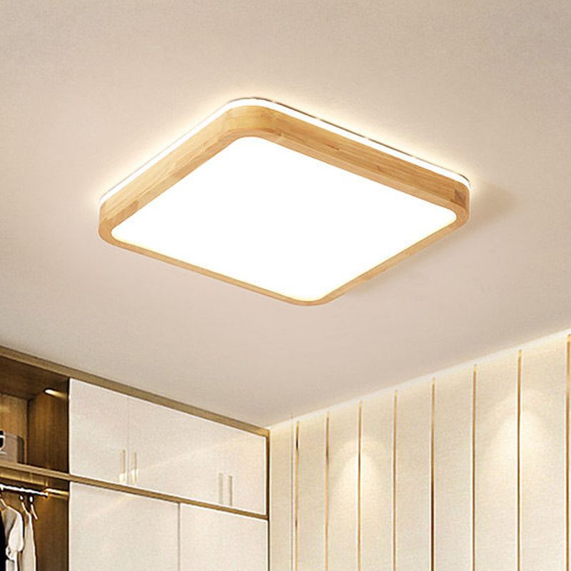 Round Corner Wood Flush Light Fixture Nordic Beige LED Surface Mount Ceiling Lamp with Acrylic Diffuser, 16/19.5 Inch Wide