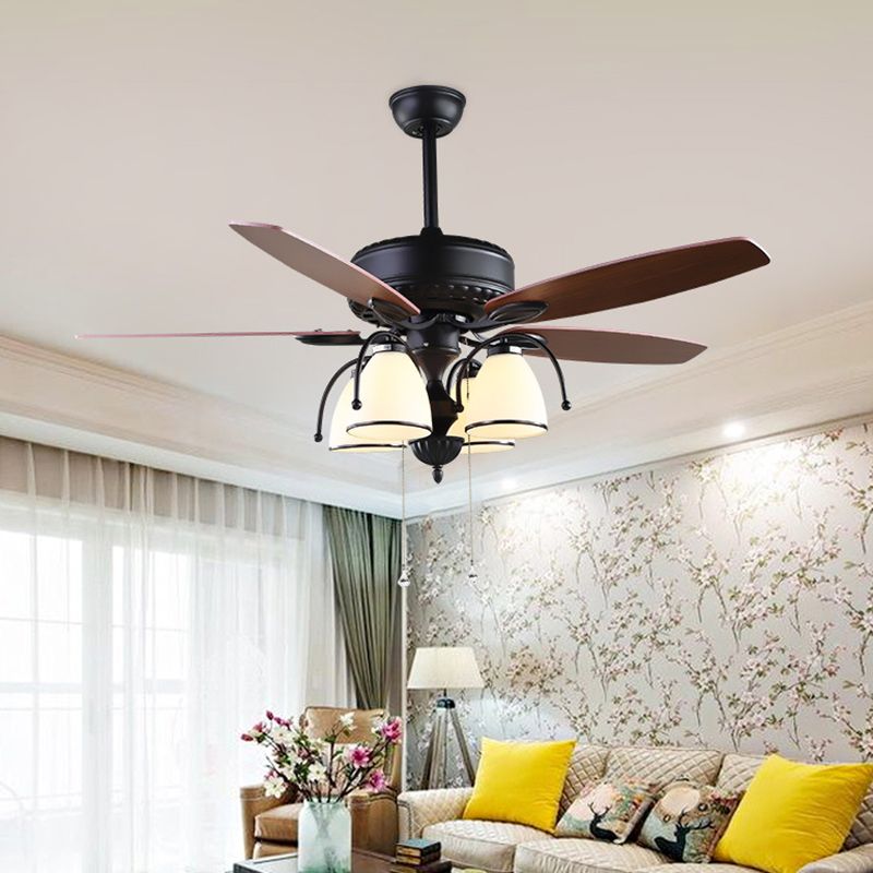 52" W 4 Lights Cup Shape Hanging Fan Light Traditional Black Cream Glass Up/Down Semi Flush Lamp with 5 Brown Blades, General/Frequency Conversion