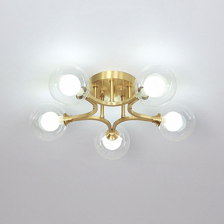 Sphere Bedroom Semi Flush Mount Light Glass Nordic Style Ceiling Light in Gold